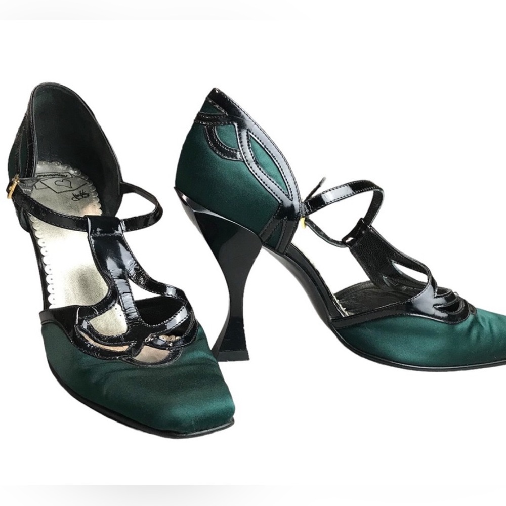 John Fluevog Memories Deeply Teal Satin Curved Heel Retro Vintage Pumps 9